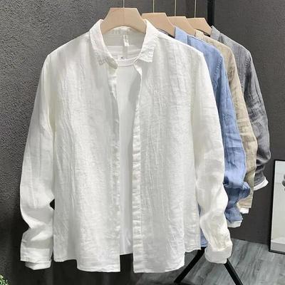 Spring and Autumn Men's Linen Solid Color Lapel Long-sleeved Shirt Trend All-match Loose Casual Shirt Jacket Men