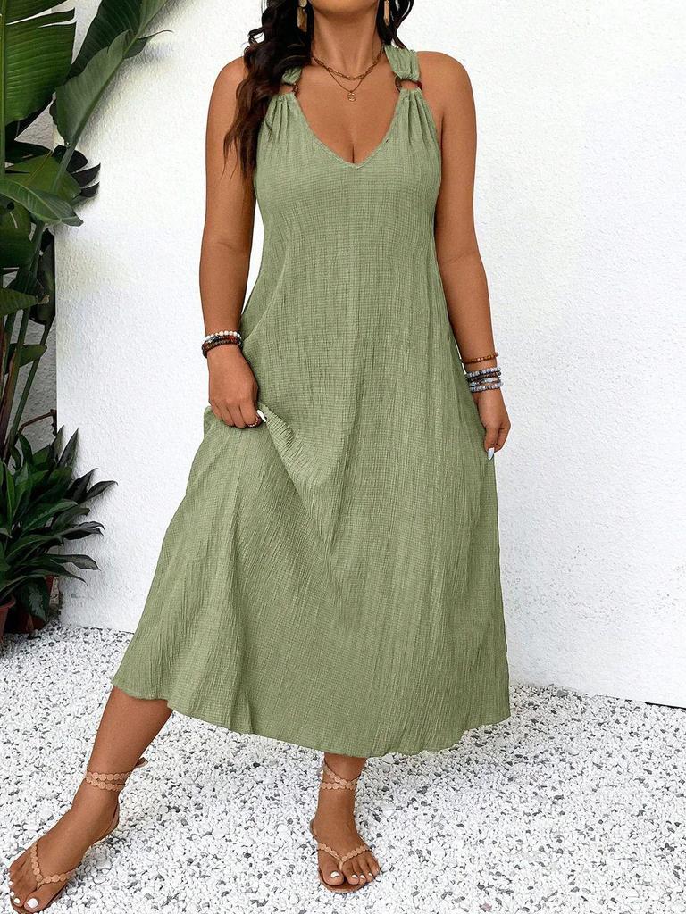Damen Halterneck Plissee Midi Kleid Übergröße - Sommerlich Lässig Strandmode