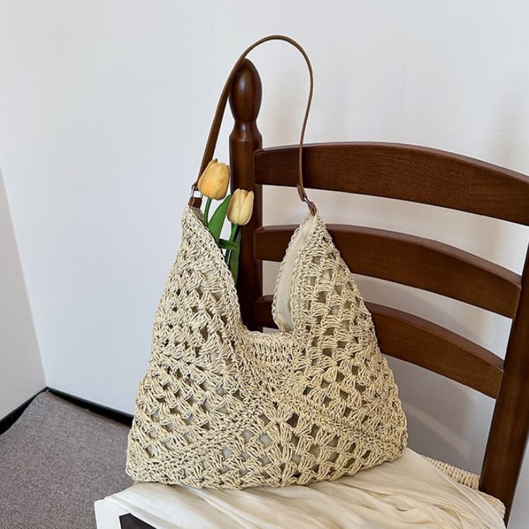 

Bohemian Contrasting Crochet Straw Tote Bag бежевий