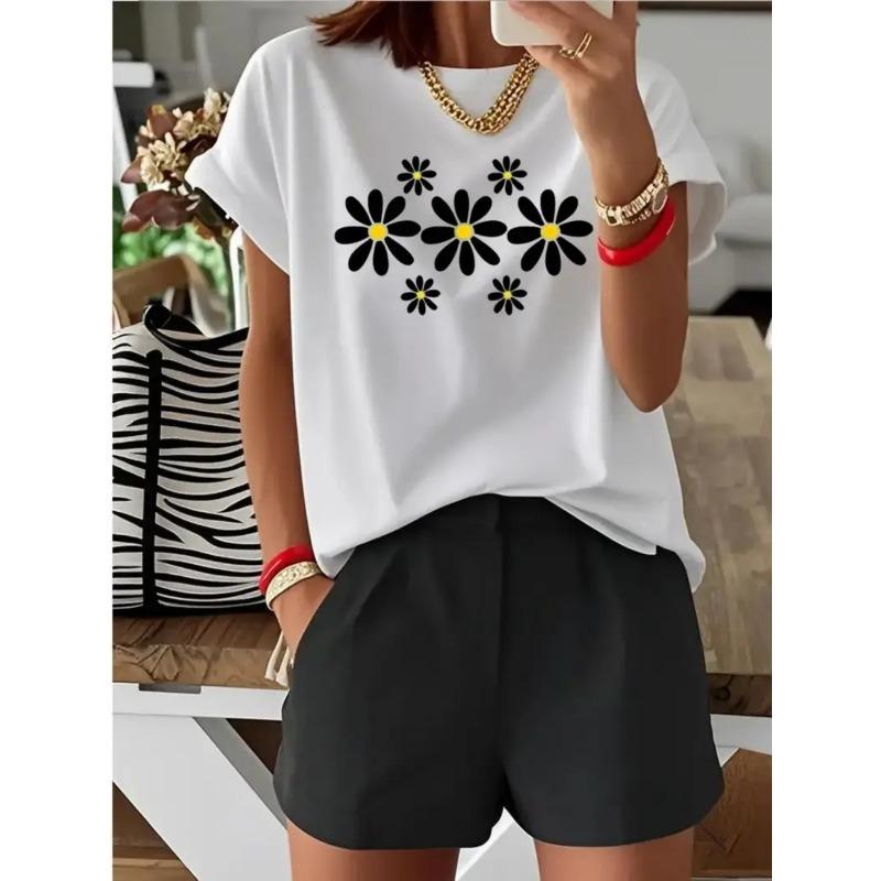 Womens Black Daisy Floral Print Tee 100% Cotton Soft Breathable Round Neck Short Sleeve Small Large White Daisies Relaxed Fit Machine Washable