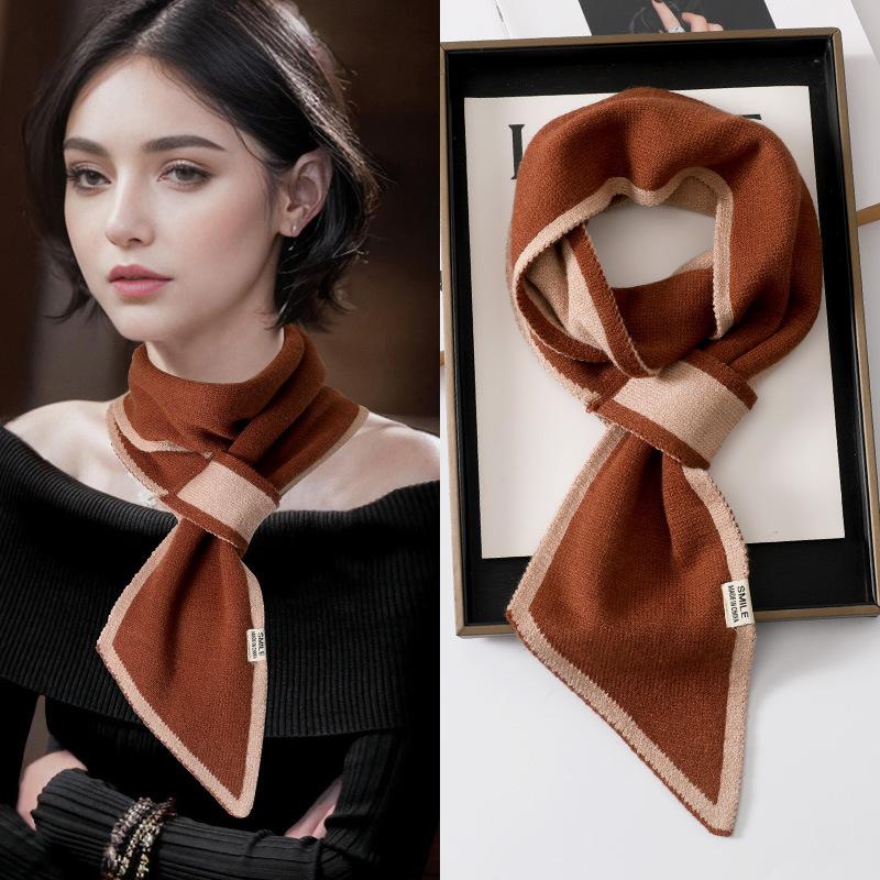 Women's Korean Style Knitted Wool Scarf Spring Autumn Cross Short Plaid Strips Scarves Winter Neck Cover Neck Scarf All-match Collar Scarf