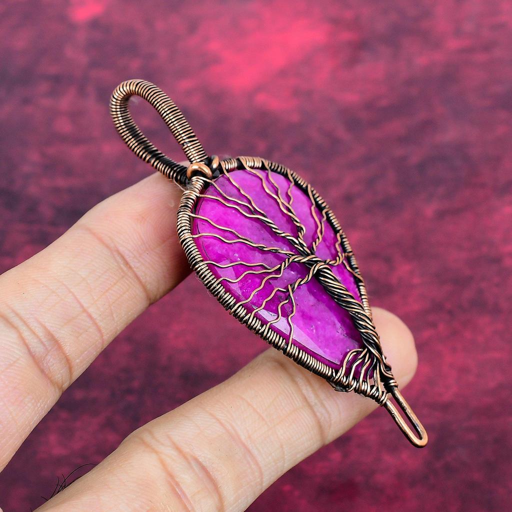 Tree Of Life Faceted Kashmir Ruby Pendant Copper Wire Wrapped Gemstone Jewelry