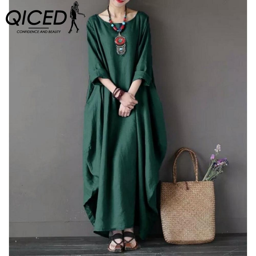 

QICED Женское длинное свободное летнее повседневное платье из льна и хлопка, больших размеров XXXXXL зелёный