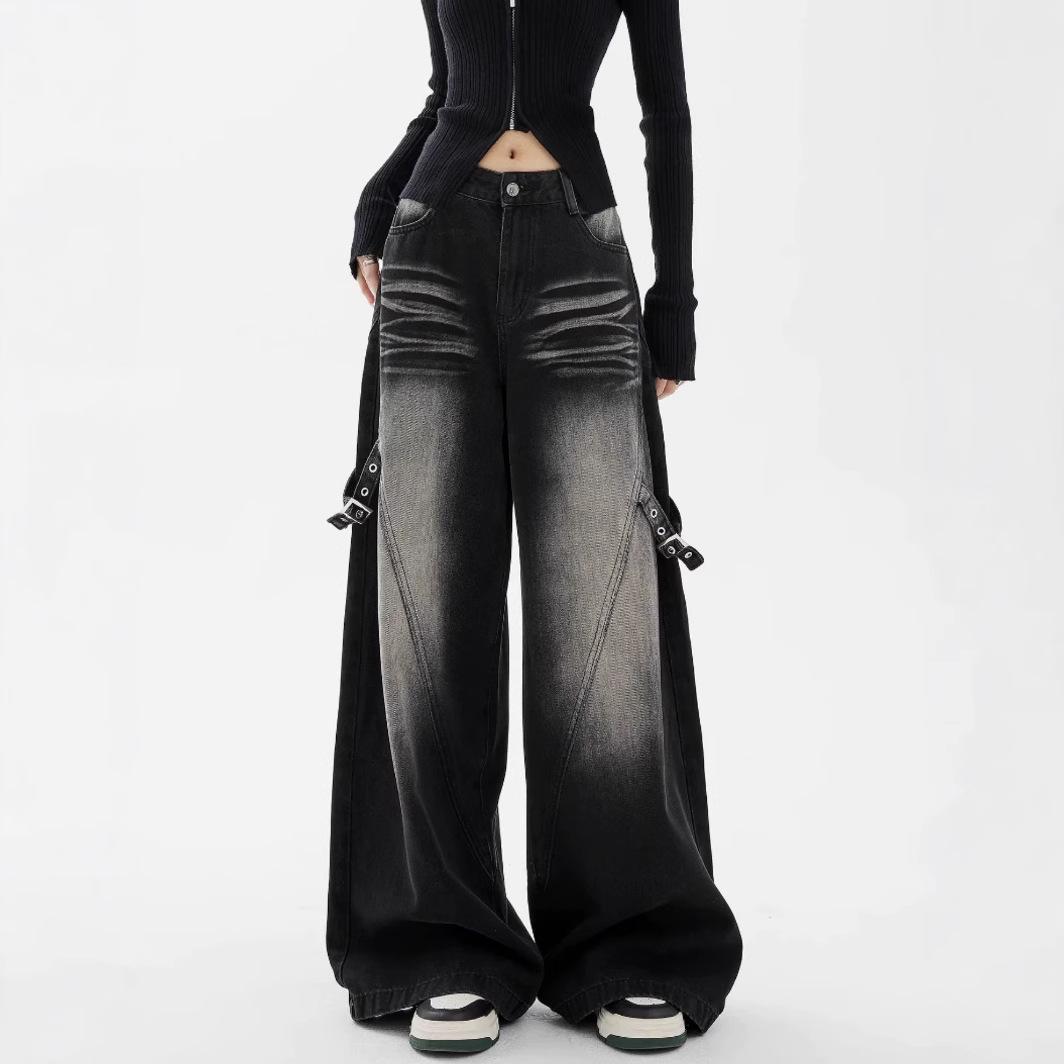 

Women s Black Gradient Wide-Leg Jeans - 2025 Winter High-Waist Pear Shape Pants Small чёрный