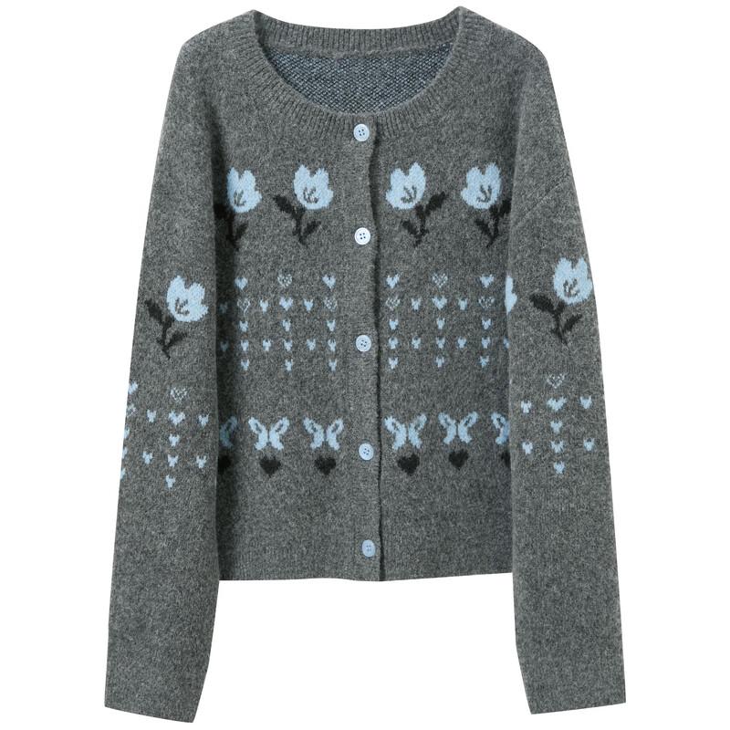 Sancai Women's Retro Jacquard Knit Cardigan