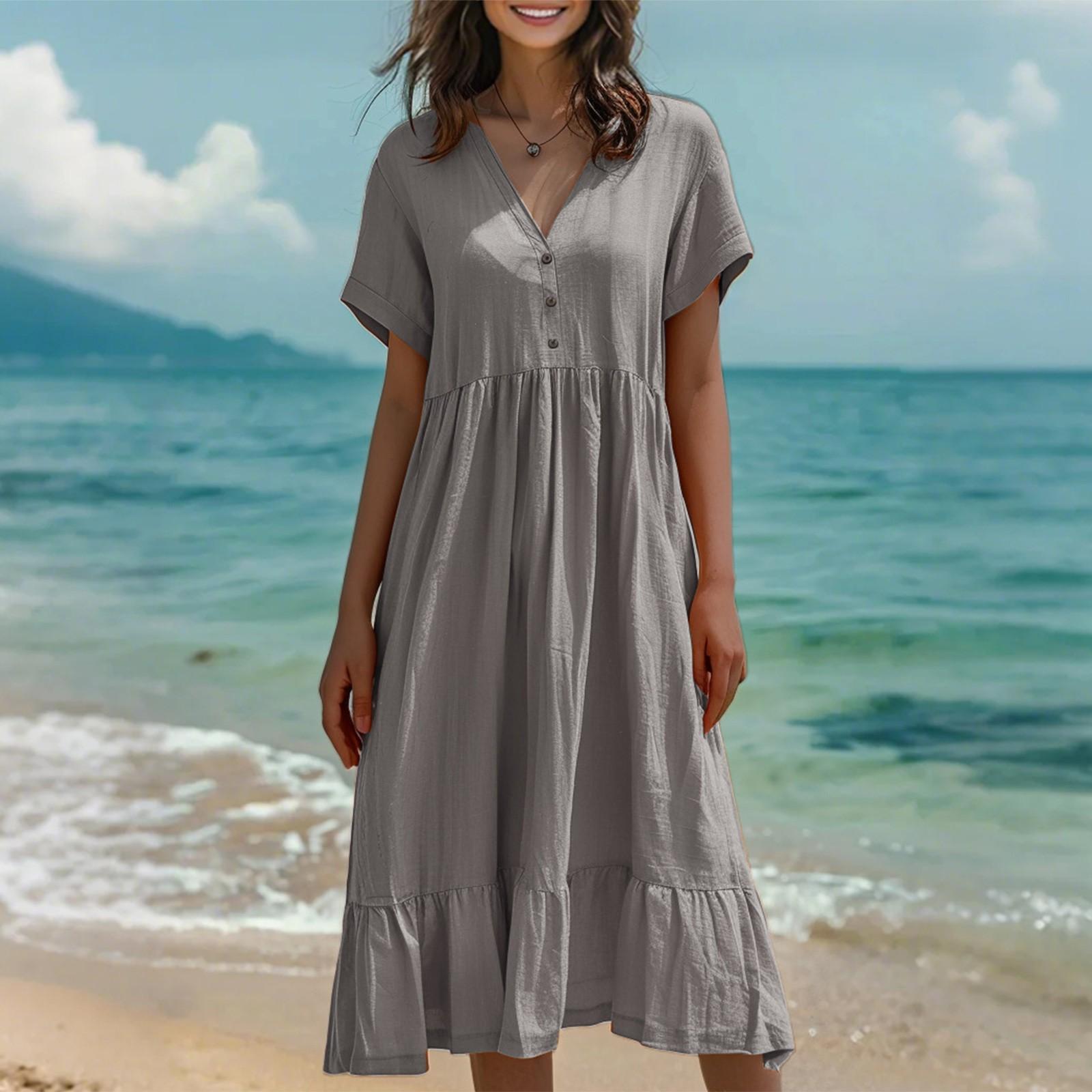 

Женское модное однотонное платье с коротким рукавом из хлопка и льна в стиле пэчворк со складками S