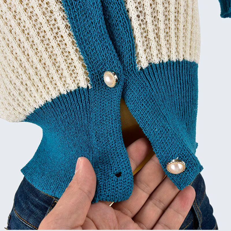 V Neck Summer Breasted Short Sleeve Contrast Color Slim Fit Stretch Puff Sleeves Women's Clothing Cardigan Jacket