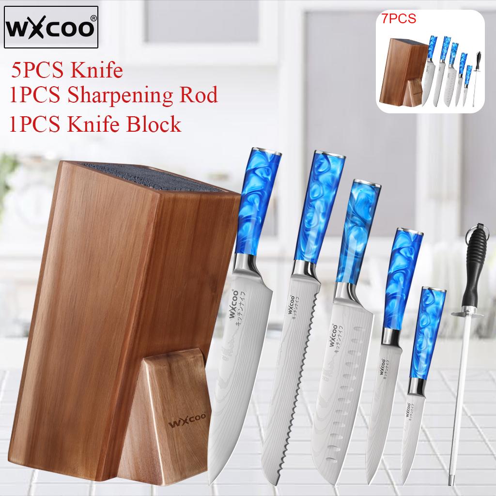 WXCOO Damascus Steel Laser Patterned Chef Knife Cleaver Santoku Knives Kitchen Knife Holder Multifunctional Kitchen Knife Block