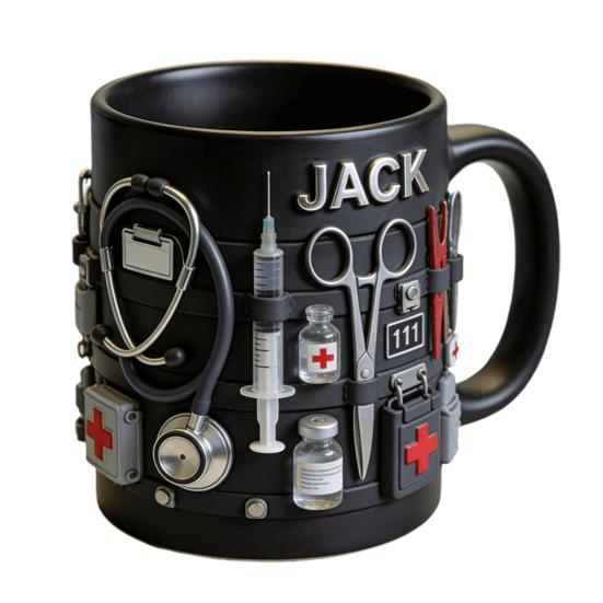 Personalisierte Tasse mit medizinischem Thema ER Jack Ersthelfer 3D Medizinische Werkzeuge Tasse Schwarze Keramik Kaffeetasse für Ärzte Krankenschwestern Praktisches Geschenk Sammlerstück