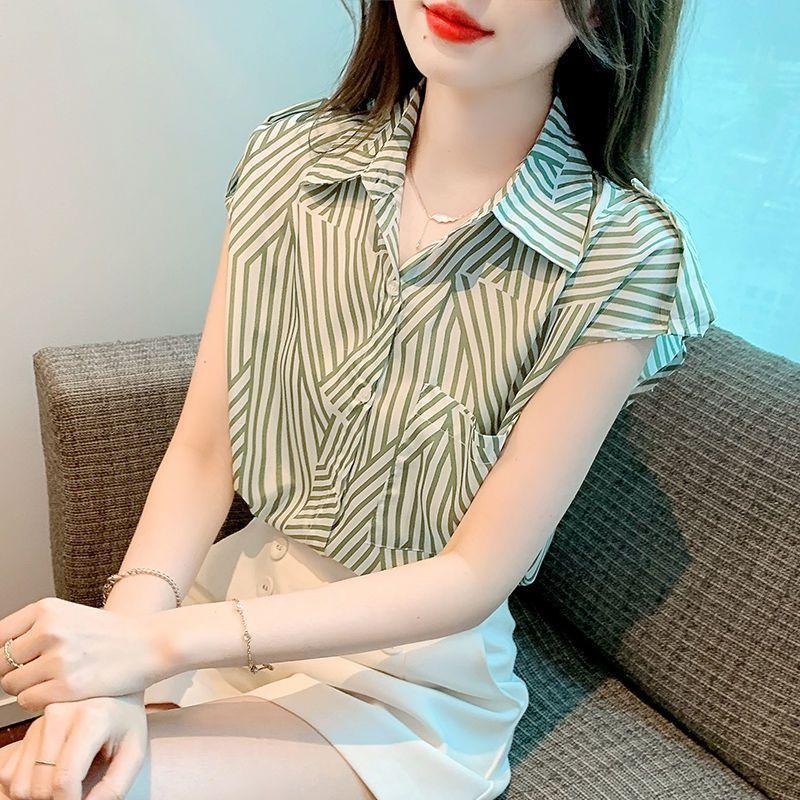Women's Striped Shirt Summer Elegant Slimming Design Chiffon Short Sleeve Shirt