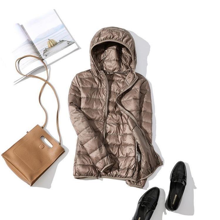 Giacca da donna invernale in piumino, slim, calda, ultraleggera, taglie forti, con cappuccio, cappotto corto, piuma d'anatra bianca, capospalla, autunno