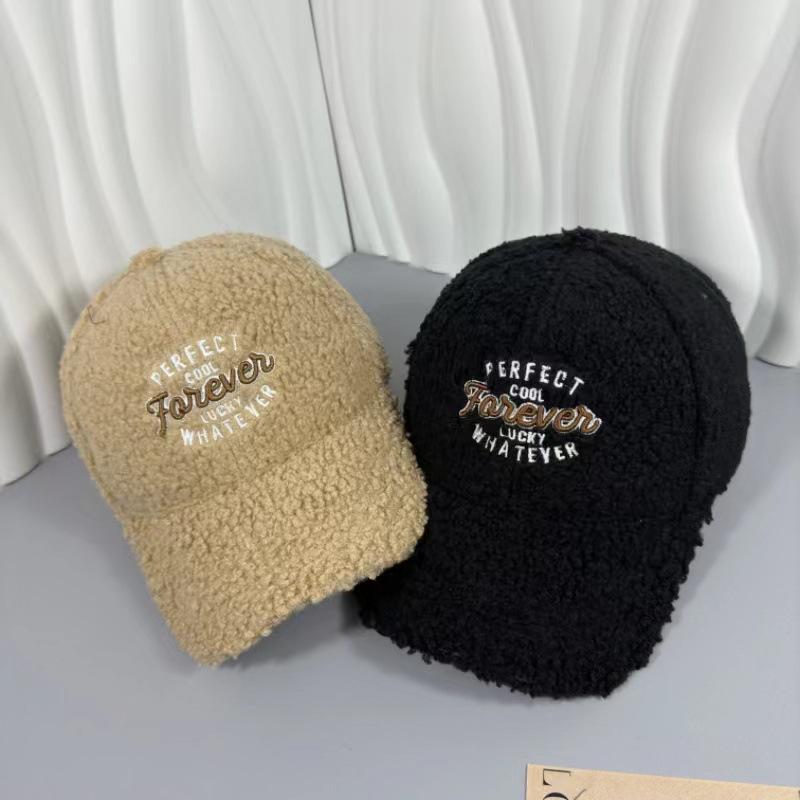 Cozy Plush Embroidered Letter Baseball Cap for Women - Warm, Versatile Winter Hat In Black