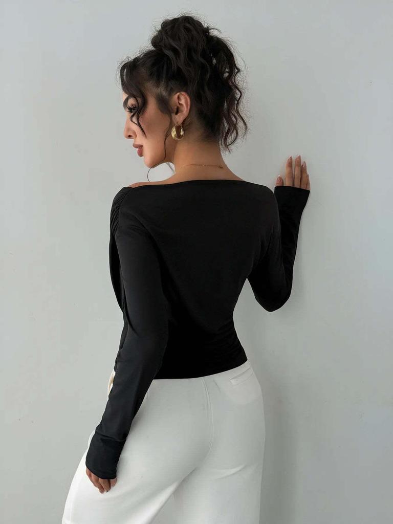 European & American Korean-Style Cross Neck Long Sleeve Top: Slimming Casual Solid Color for Spring & Autumn.