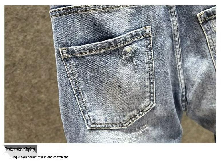 2025 Spring/Summer Men's Slim Fit Patchwork Ripped Jeans, Straight Leg, Blue with Applique and Raw Edge