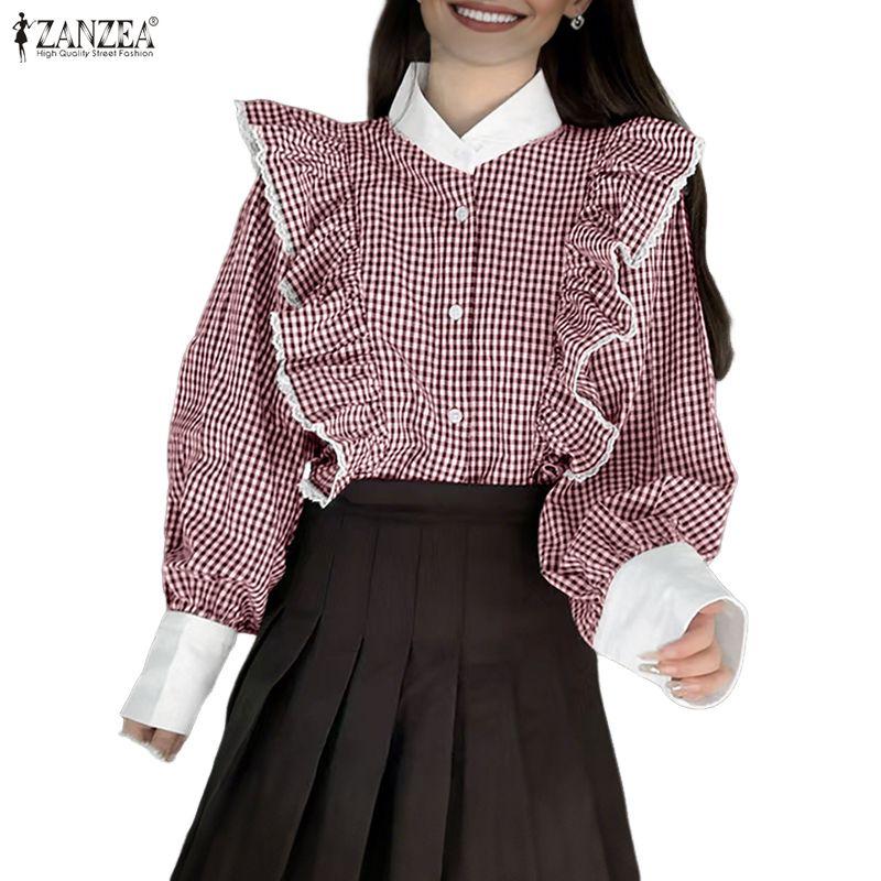 ZANZEA Blouse Décontractée Femme à Volants et Manches Longues à Carreaux