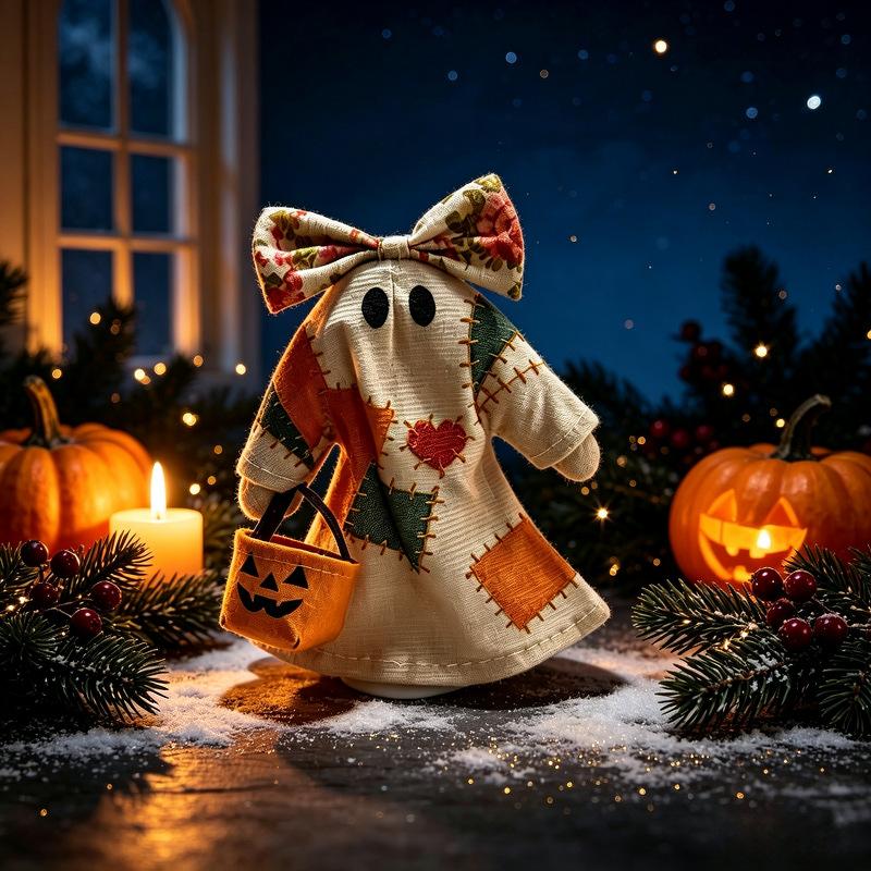 Halloween Fabric Ghost Figurine, Cute Bow-shaped Pumpkin Bucket Decoration, Creative Table Setting Accessory