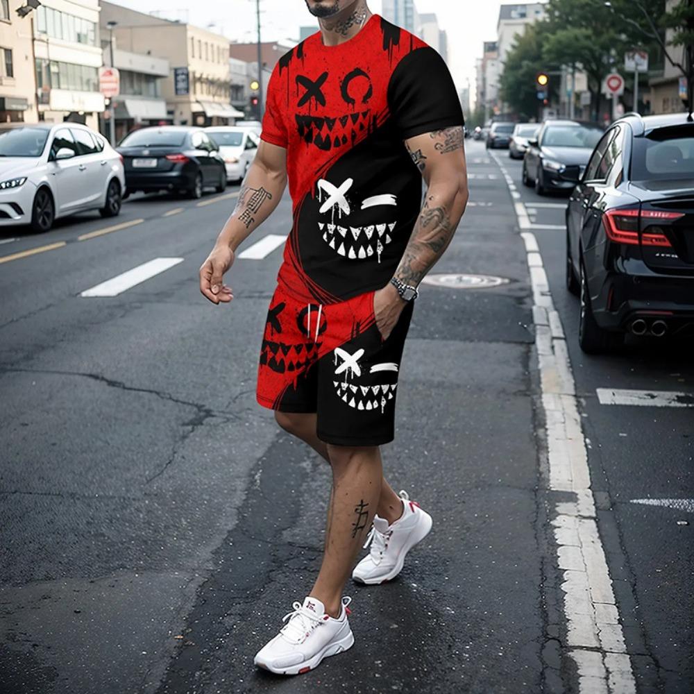 3D Demon Face Print Men Short Sleeve T-Shirt Shorts Two Piece Sets Hip Hop Trend Harajuku Streetwear Summer Casual Outfit
