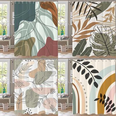 1pc Minimalist Art Leaves Shower Curtain,Modern Printed Leaf Bathroom Curtain,Home Polyester Decoration Curtain With Hooks