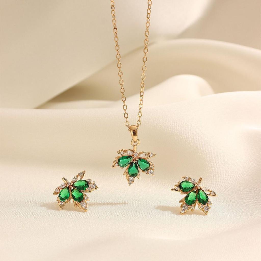 Exquisite Maple Leaf Green Zircon Jewelry Set: Earrings & Necklace for Girlfriend's Birthday or Best Friend Gift