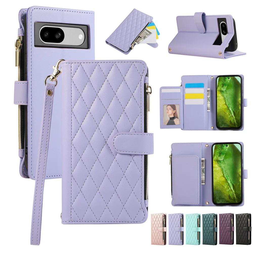 Luxury Crossbody Wrist Strap Zipper Leather Wallet Phone Case for Google Pixel 8 7 6 Pro 8A 7A 6A Magnetic Slot Card Bag Cover