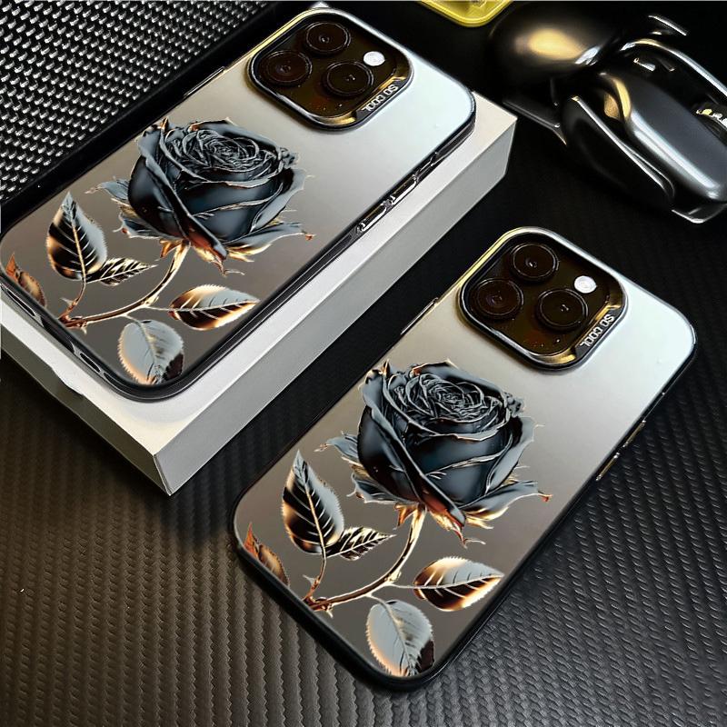 Premium Black & Gold Rose Art Phone Case for iPhone 17 16 15 14 13 12 11 Series Pro Max Plus Double Layer Protection