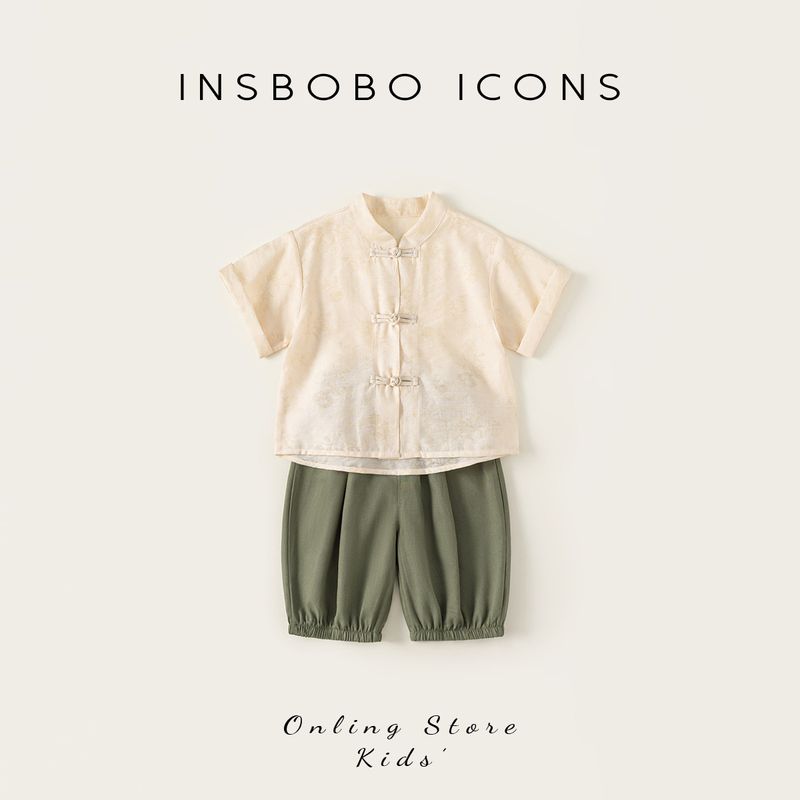 Children s Clothing Han Dynasty Short Sleeve Two-piece Set Chinese Ancient Style Boy Summer Clothing Beige+Green 80