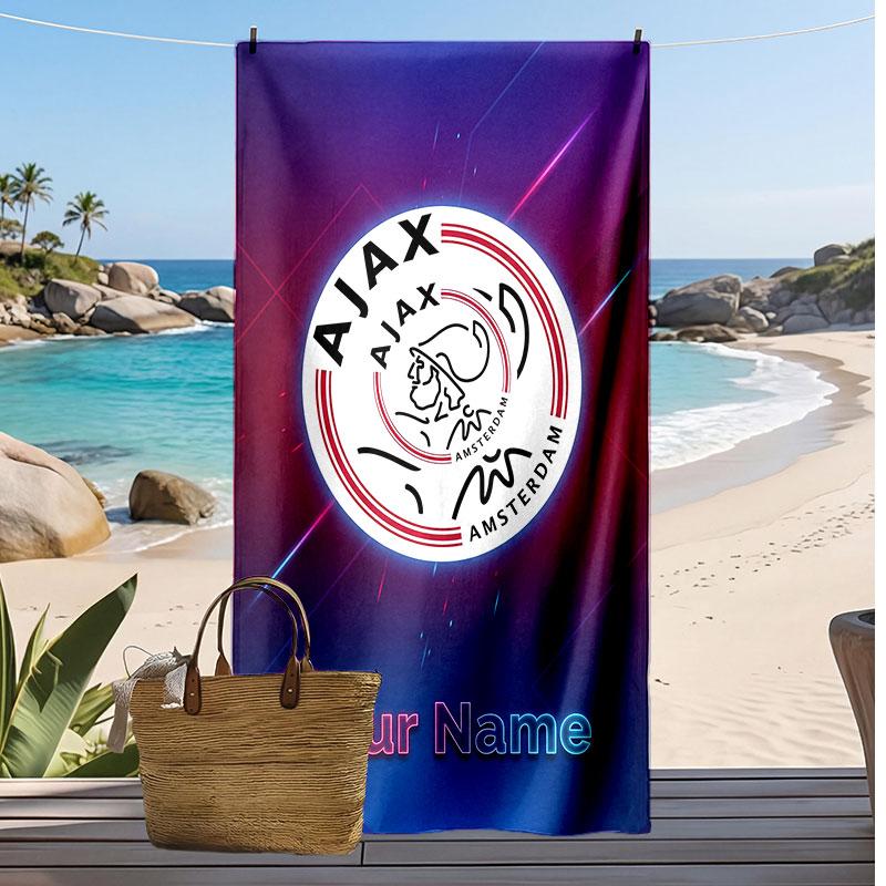 Asciugamano da Spiaggia Personalizzato Stampato Ajax Amsterdam Logo Calcio Supporto Nome Personalizzato Testo Asciugamano Assorbente Per Sport Viaggio Regalo Speciale