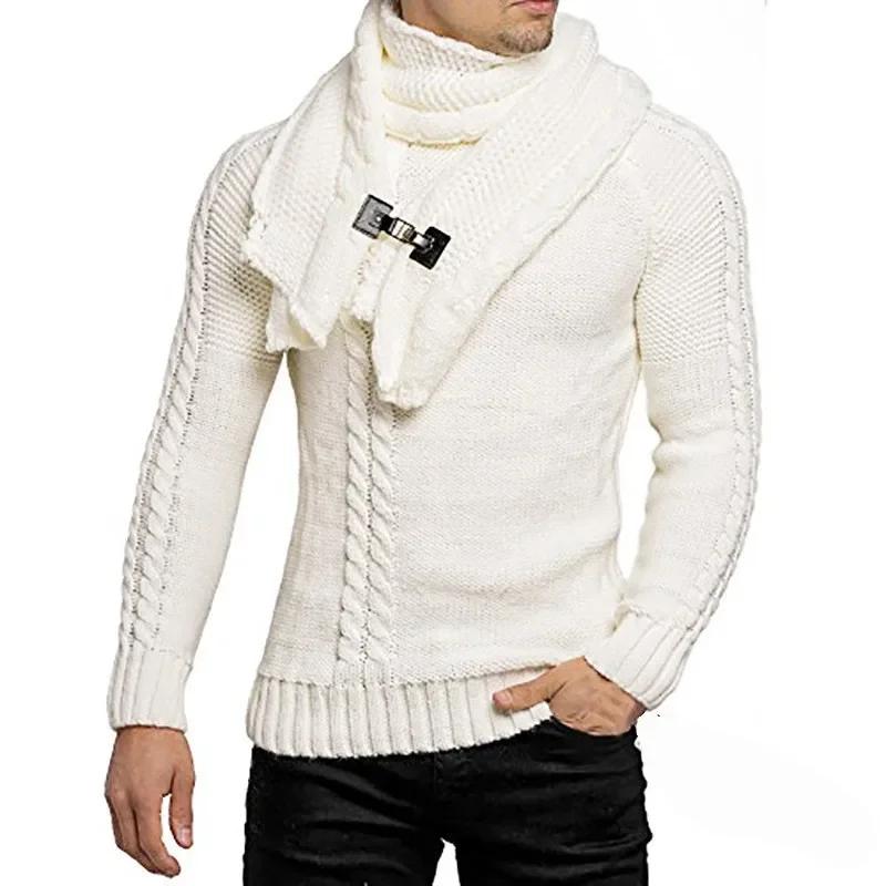 

Winter Men s Fashionable Knitted Sweater with Detachable Scarf Twist Pure Color Casual Pullovers L