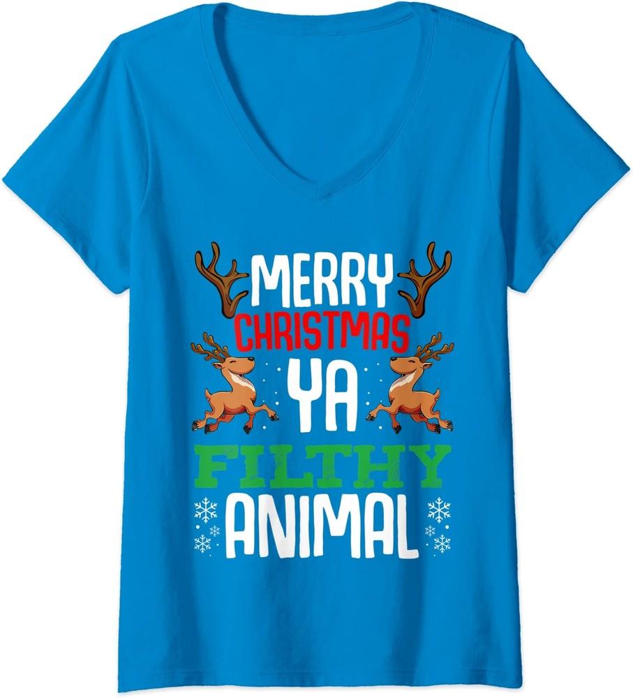 Merry Christmas Ya Filthy Animal Xmas Winter Snow Ladies  V-Neck Tshirt Unisex T-Shirt XXXXL