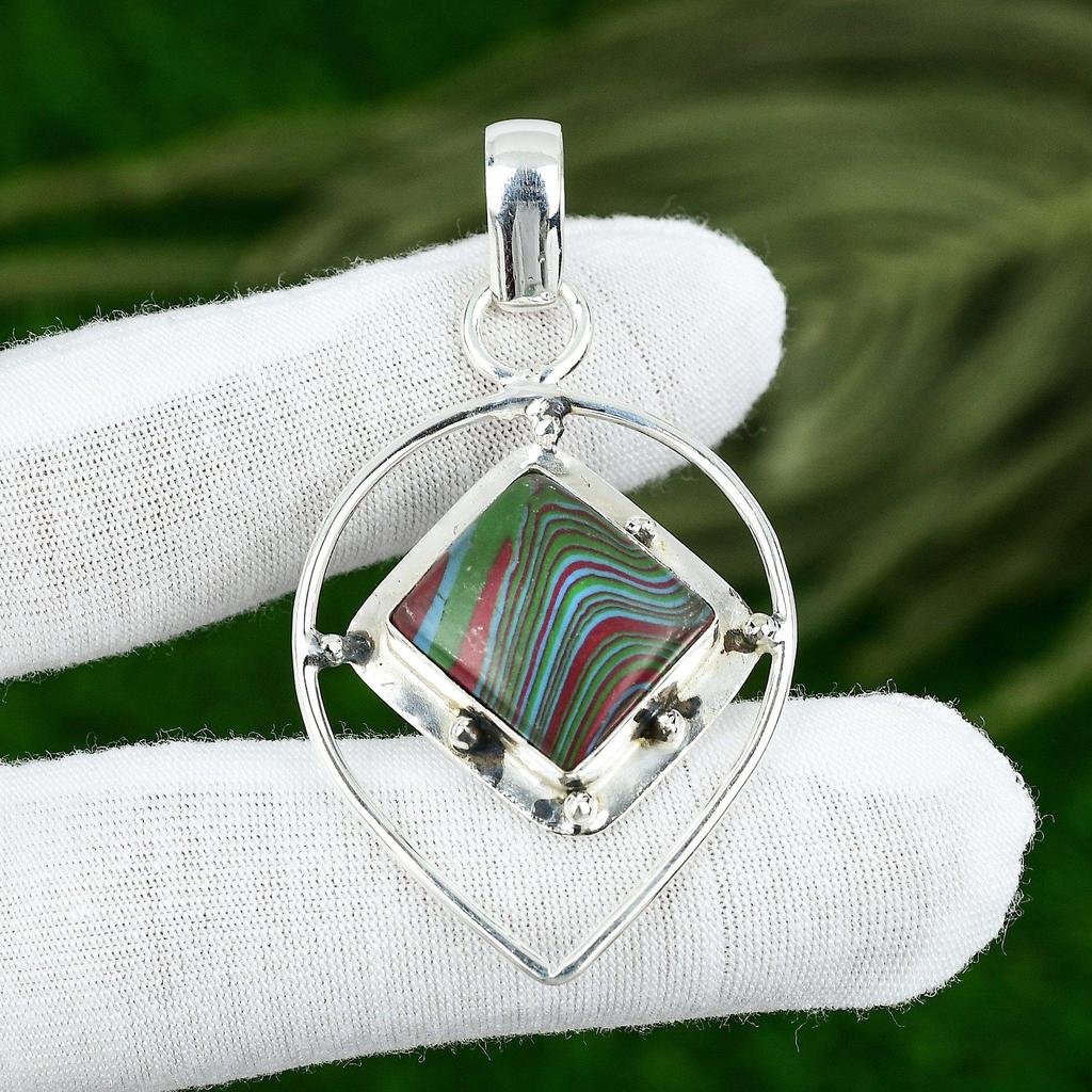 Birthday Gift For Her Natural Rainbow Calsilica Gemstone Pendant 925 Silver