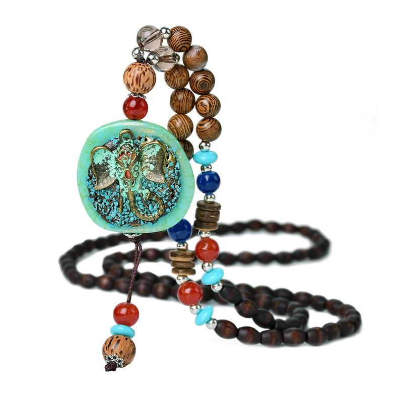 Handmade Bohemian Long Pendant Necklace Women With Wooden Beads Bodhi Seed Charm Vintage Ethnic Style