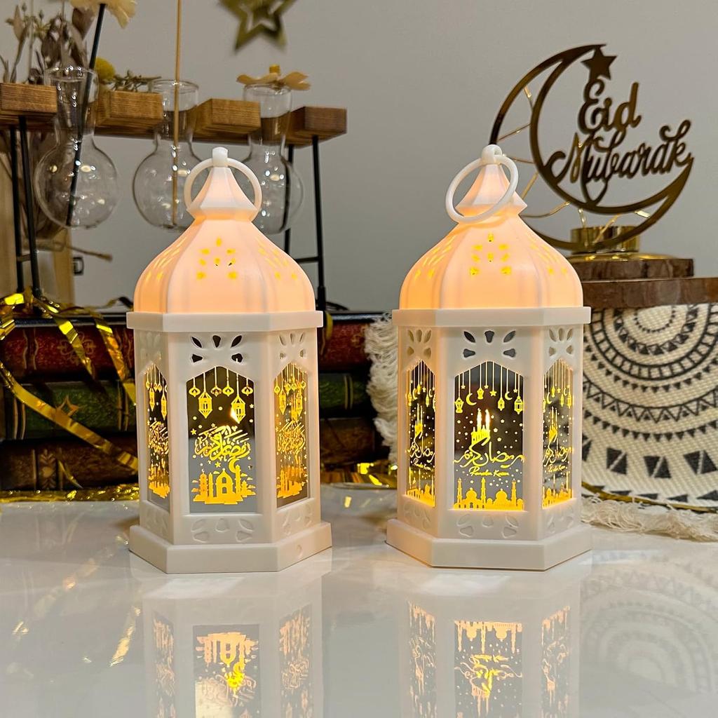 Ramadan Lantern Lights 2pcs 8in Ramadan Decorations for Home, Ramadan Table Decor Lantern, Ramadan Gifts for Kids, Eid Decoration for Home Indoor