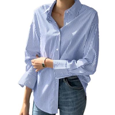 Damen Frühling Lockeres Beiläufiges Gestreiftes Hemd Langarm Revers Pendler Top