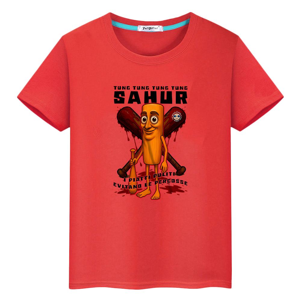 

tung tung sahur print t shirt for kids boy 10years Halloween Tees 100%Cotton cartoon Cute Short y2k Anime Tops kids clothes girl 100 красный