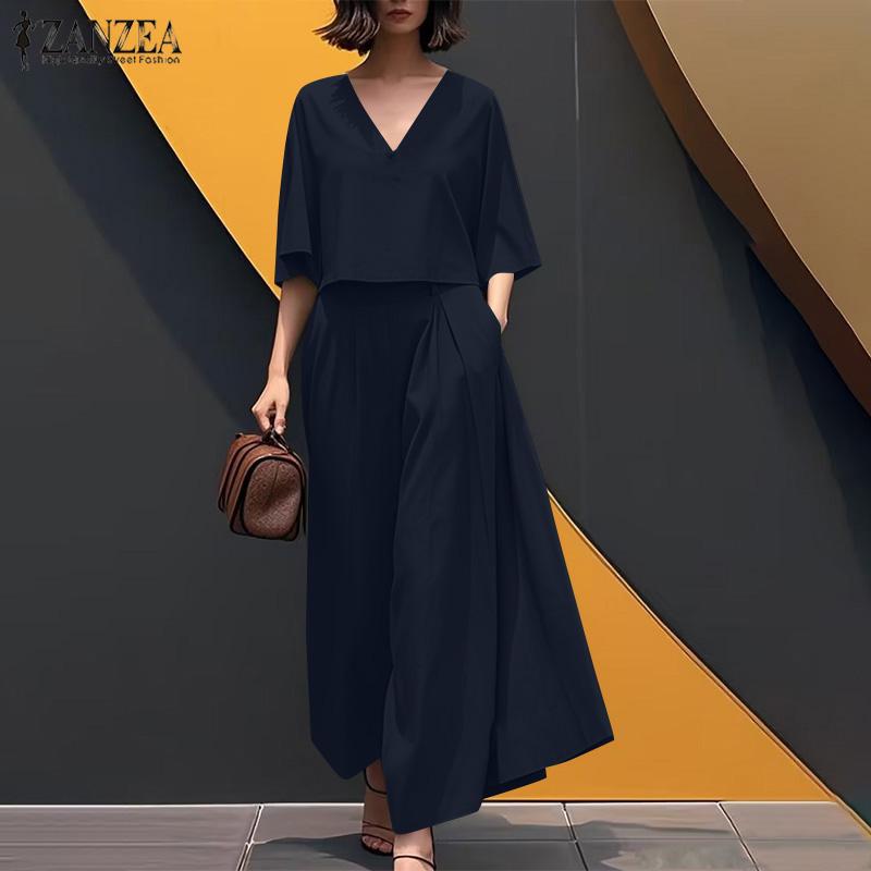 ZANZEA Lässiges Zweiteiler-Set für Damen mit 3/4-Ärmeln, Bluse und Hose mit weitem Bein
