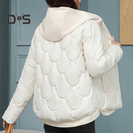 Women Winter Coat Fake Two-piece Zipper Button Closure Padded Hooded Turn-down Collar Pure Color Thin Short Type Down Cotton Filling Jacket