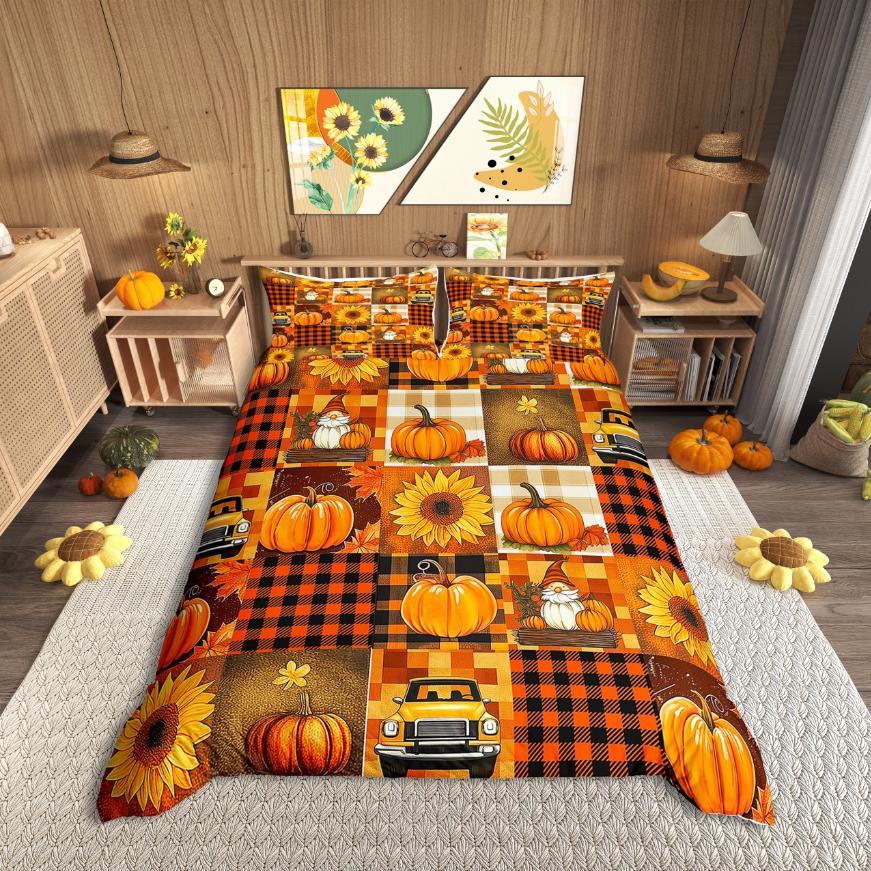 Homewish Fall Pumpkin Duvet Cover SetAutumn Theme Bedding SetOrange Truck Bed Set For AdultsBreathable Home Decor