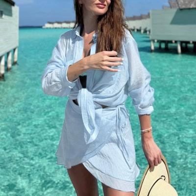 Set Cover-Up de Plajă Cămașă Transparentă cu Mânecă Lungă & Rochie Ținută Casual din 2 Piese