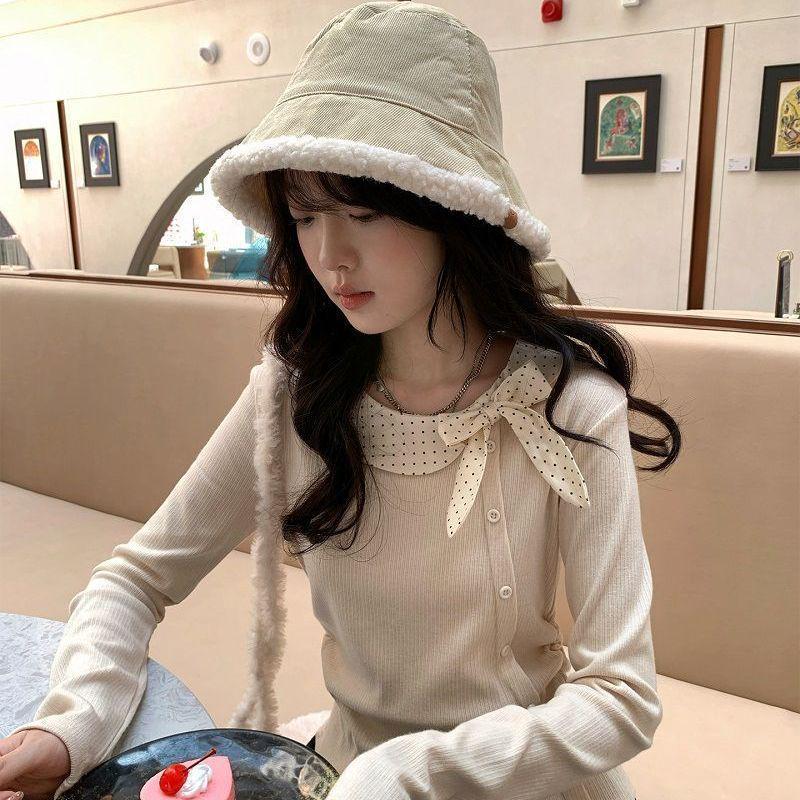 Women s Retro Patchwork Bow Long Sleeve T-shirt - Korean Style Autumn/Winter Top Large абрикосовый