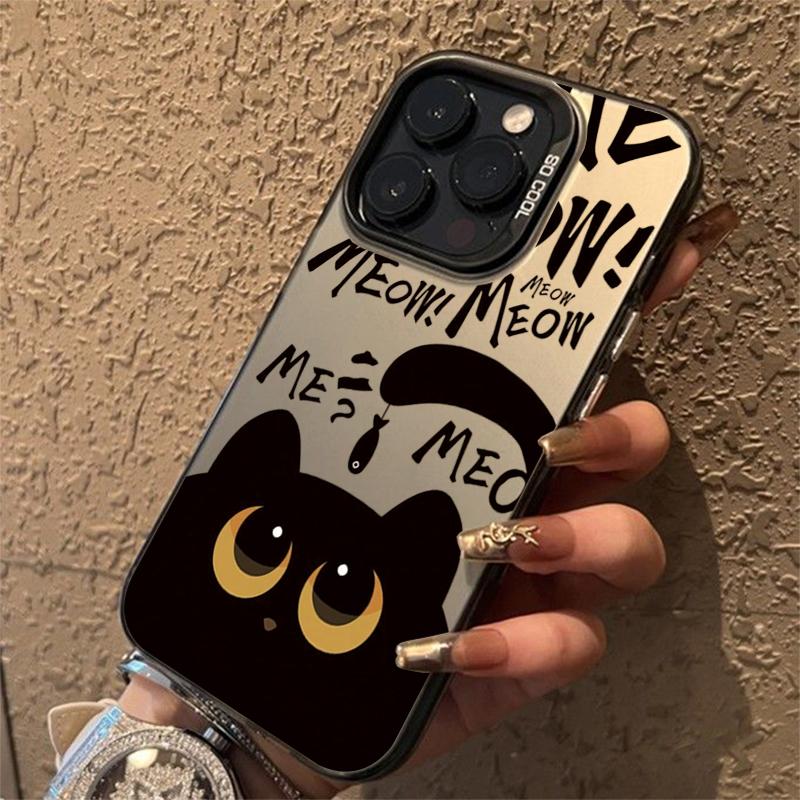 Cartoon Black Cat Eating Fish Electroplate Silver Case For  Redmi Note 14 13 12 11 10 Pro Plus 5G 12S Redmi 14C 13 Cover