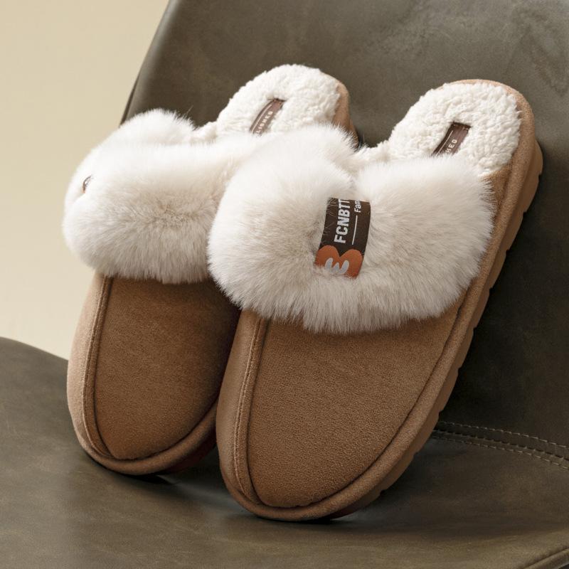 Suede cotton slippers autumn and winter 2025 new warm plush indoor home thick bottom outer wear fluff mop