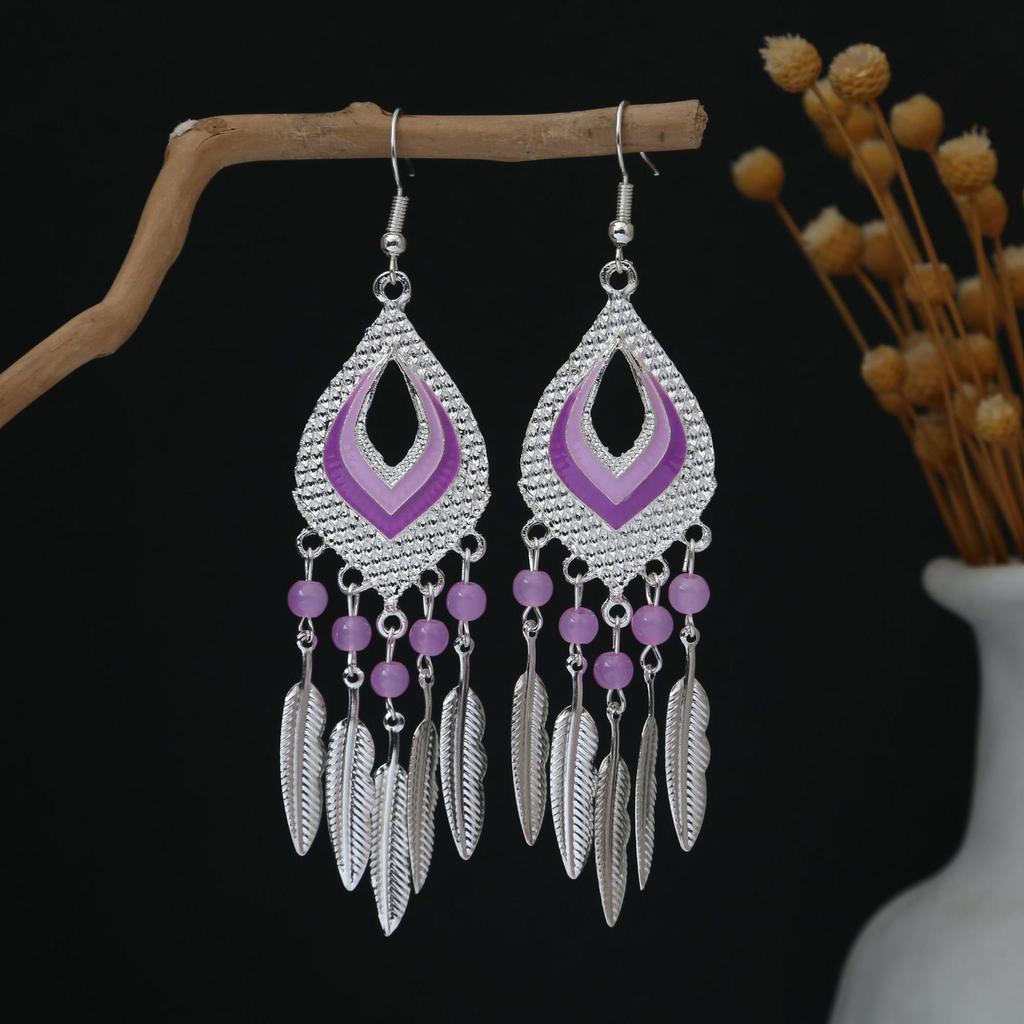 Personalized Bohemian Miao Silver Geometric Tassel Earrings