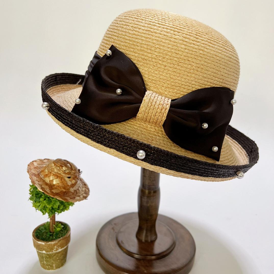 

Delle Spring And Summer Raffia Grass Basin Hat Hepburn Bow Hat Foreign Style Fashionable Sunshade Sun Protection Bucket Hat M（56-58cm） чорний