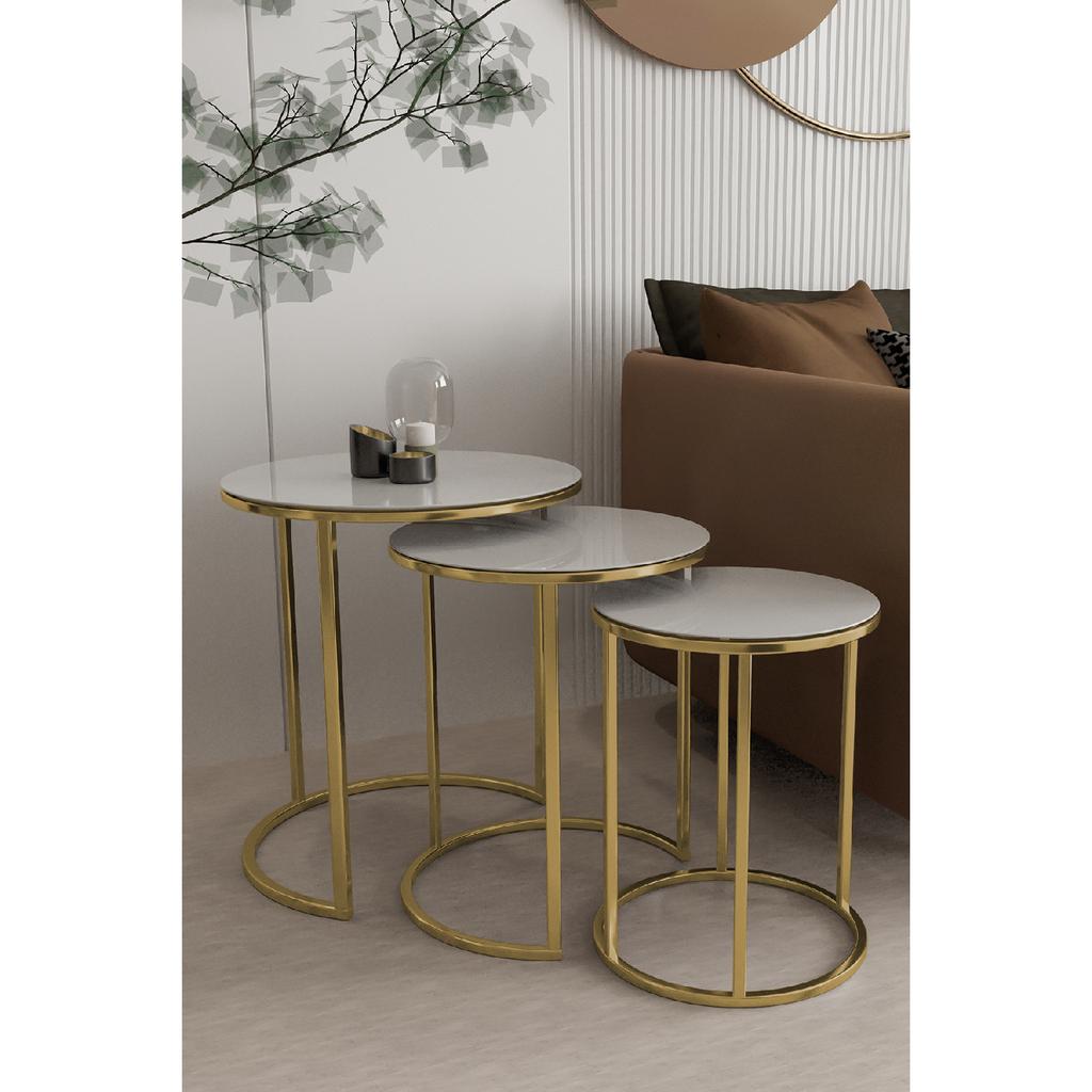 Ceylin 3-seat Nesting Coffee Table Silver Color Metal Leg, White Shatterproof Glass