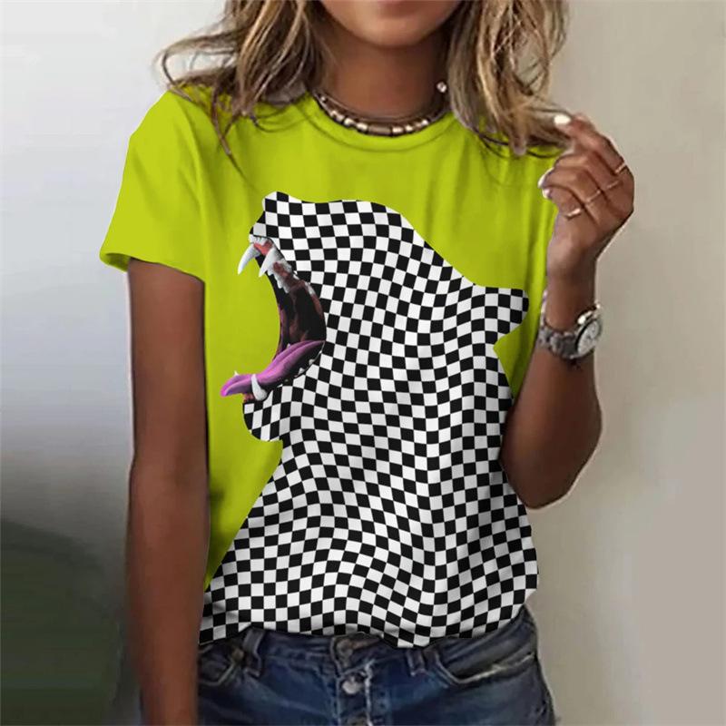 Summer Round Neck Funny Animal Colored Leopard Pattern 3D Print Top Fashionable Casual Short Sleeved Women's T-shirts