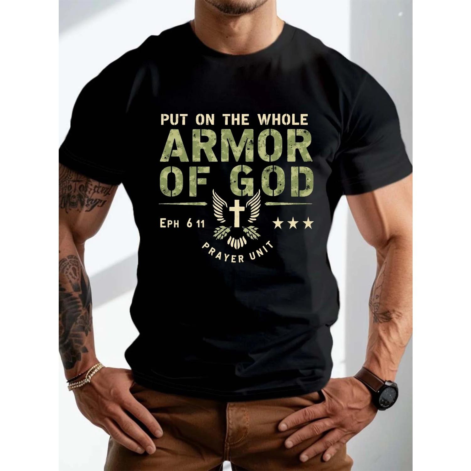 

_Put on the Whole Armor of God_ with Cross and Stars T-Shirt 100% Cotton O-Neck Short Sleeve Summer Casual Mens T-shirt S чёрный