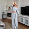 Women's Solid Color Off Shoulder Long Sleeve Crop Top High Waist Wide Leg Pants Casual 2 Piece Tracksuit Set