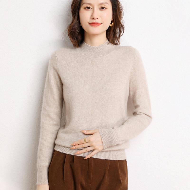 Women's Loose Fit Cashmere Half-High Neck Sweater - Soft, Classic Autumn/Winter Knit Base Layer