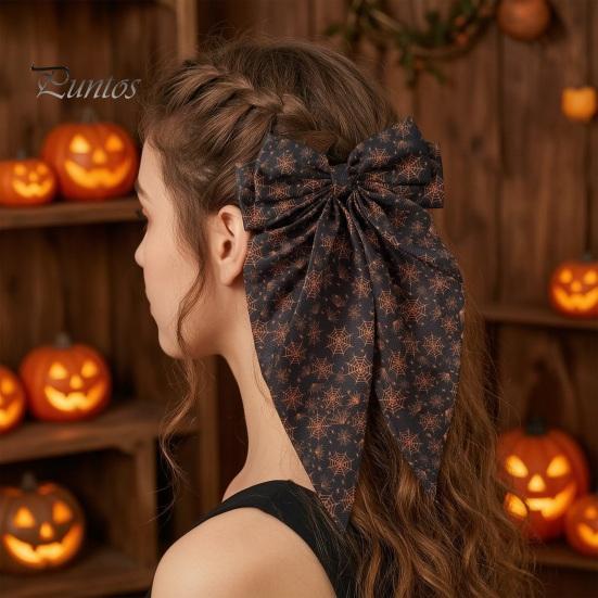 Pumpkin Hairpin Halloween Silky Satin Hair Bows, Big Ribbon Bow Clips, Oversized Long Tail Barrettes, Clip Cute Ghost Witch Hat Spider Web Hairpins