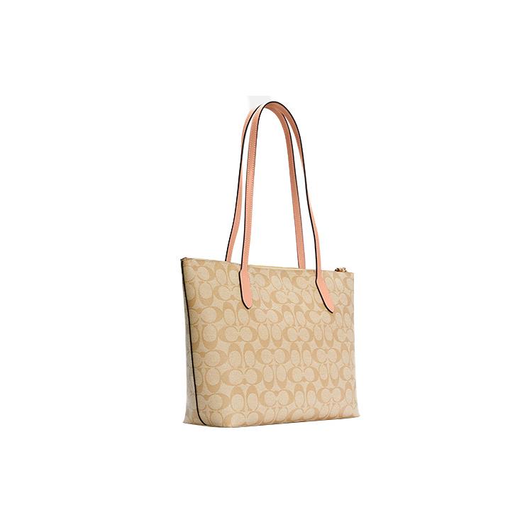 COACH Zip Top Tote Canvas With Leather Handbag, Shoulder Bag Medium Women's Light Khaki & Cherry Blossom Pink 4455-IMTYF
